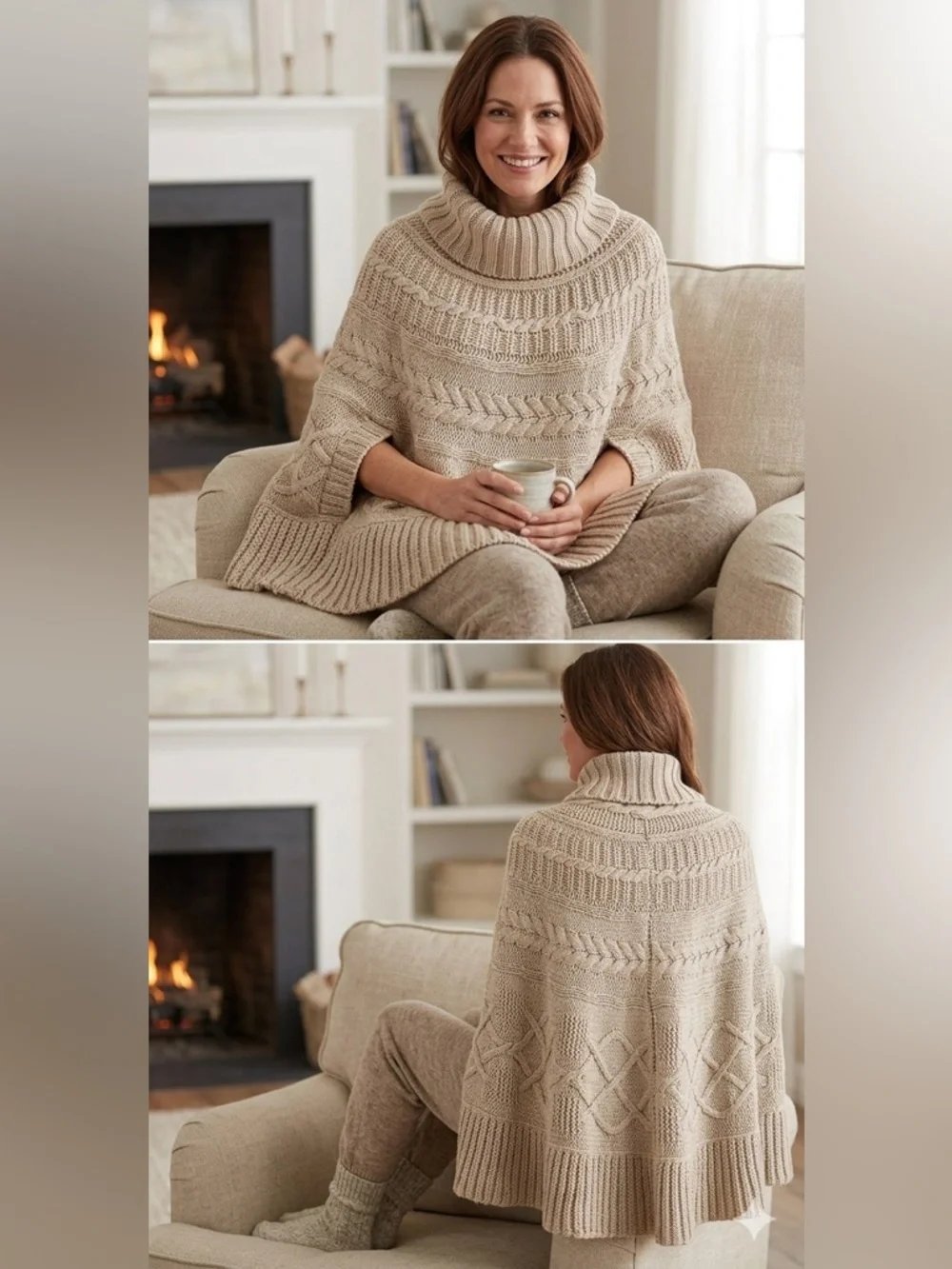 Cocogio Italy Alpaca Wool Blend Cable Knit Poncho Sweater Cozy Neutral OS